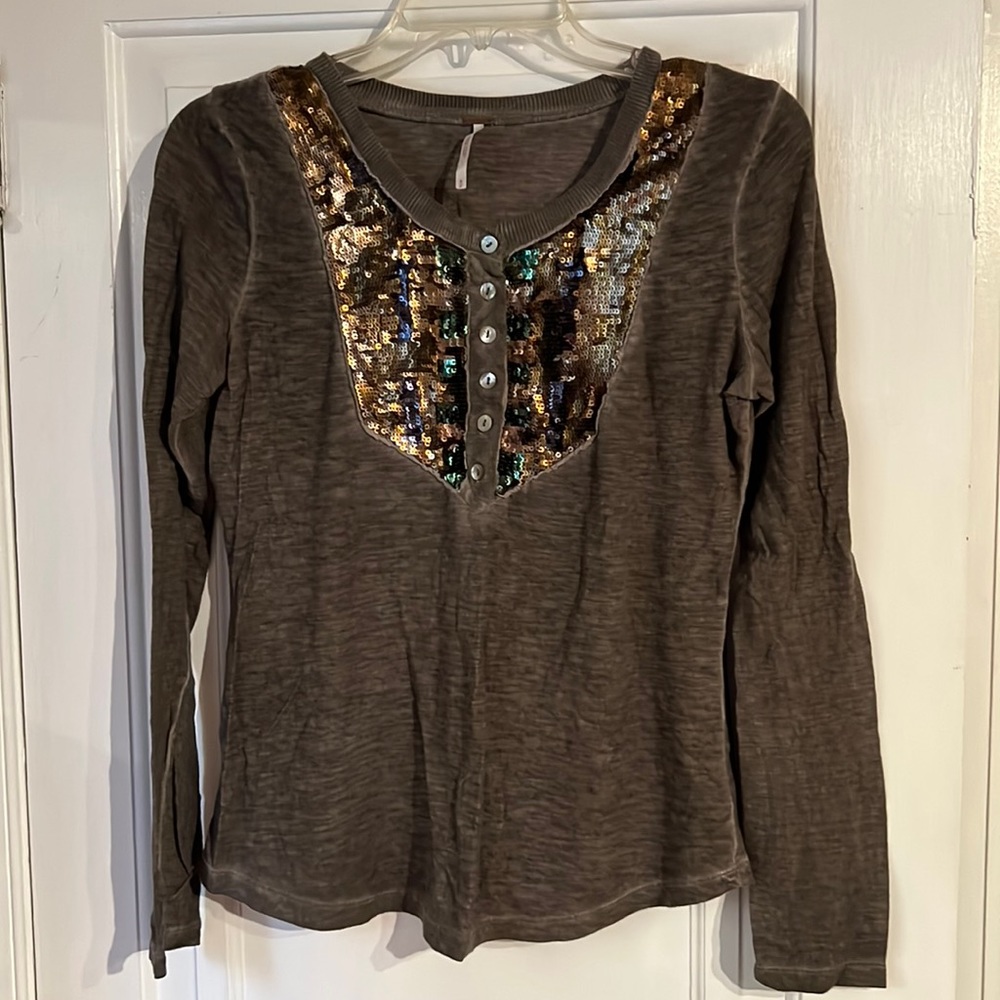 Free People Sequined Burnout Long Sleeve Henley Size Small - Taupe